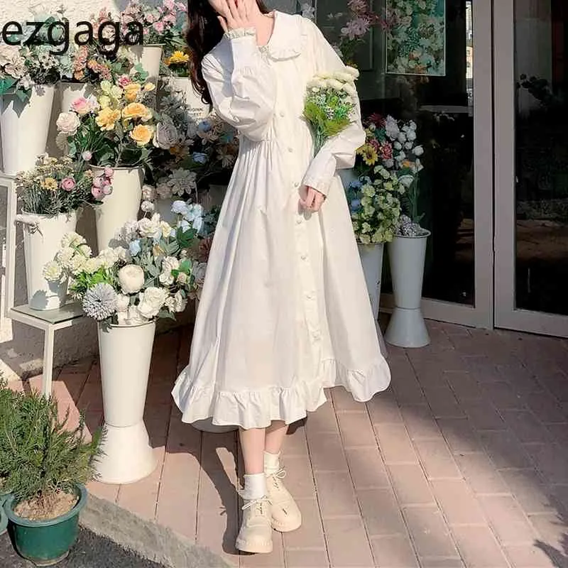 Ezgaga Elegant Dress Women Tender Peter Pan Collar Spring High Waist Sweet Solid Loose Girl Dress Korean Fashion Vestidos 210430
