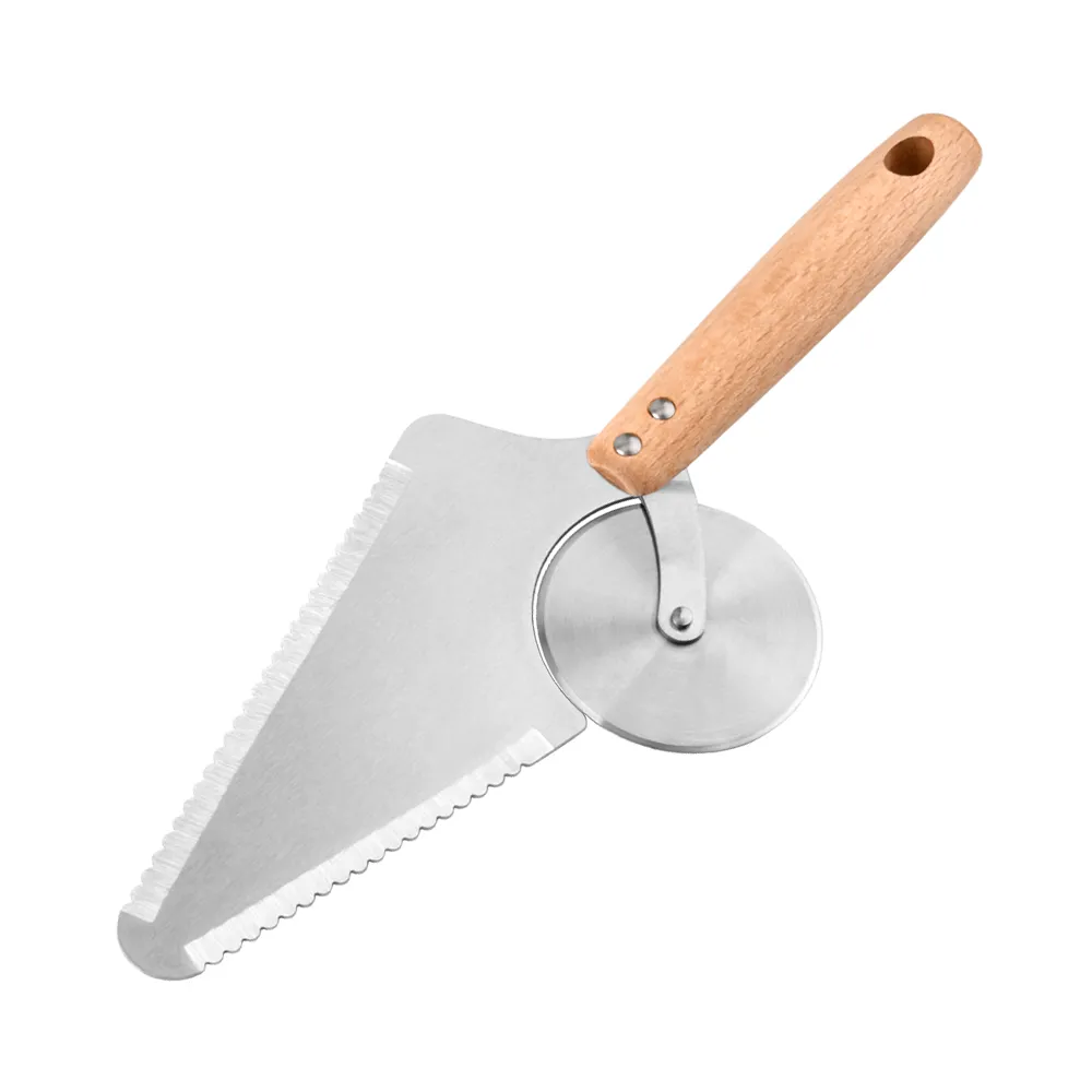 Backen Gebäck Werkzeuge Pizzaschneider Server Slicer Edelstahl Rad Klinge Messer Schaufel mit Holzgriff für Brot Kuchen Waffeln KDJK2106