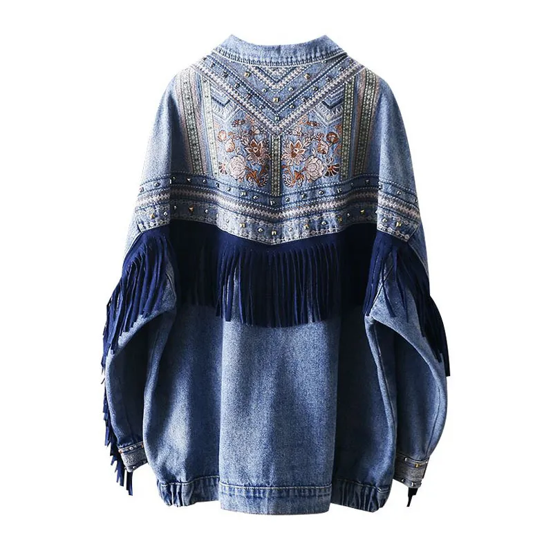 Women Denim Jacket Blue Loose Embroidery Rivet Tassel Pocket Oversize Moto Biker Punk Boho C0086 210514