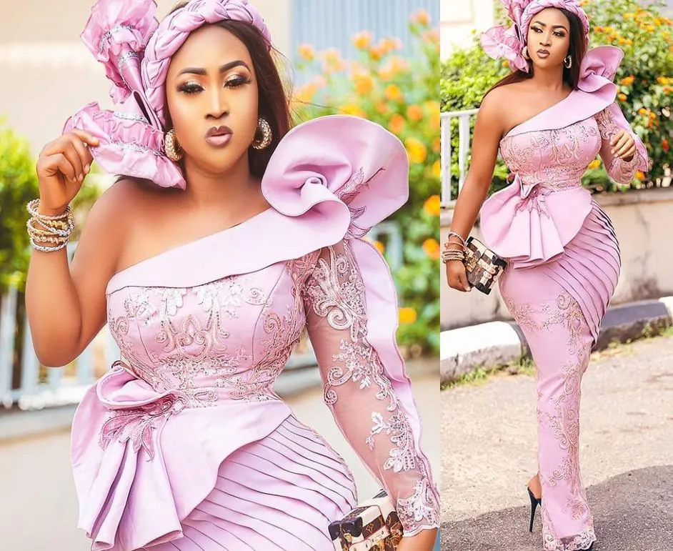 2021 Plus size árabe aso ebi elegante renda sexy vestidos de baile rosa um ombro ruffles grânulos de sereia noite festa formal segundo vestidos de recepção