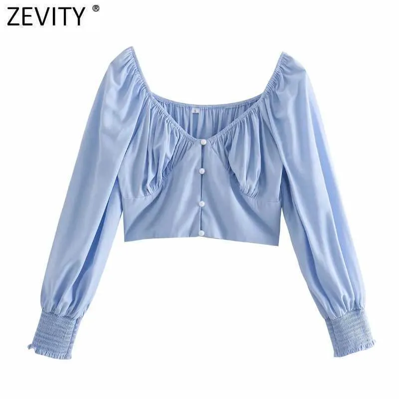 Zevenity Franse stijl vrouwen v-hals effen kleur korte shirt femme bladerdeeg mouw zoom elastische geplooide slanke blouse chic crop tops LS9347 210603