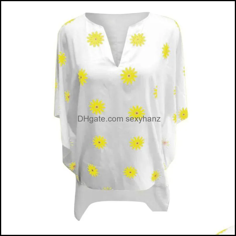 Women`s Blouses & Shirts Plus Size Vintage Blouse Women 2021 Boho V-neck Daisy Print Summer Asymmetrical Tops Blusas Mujer De Moda