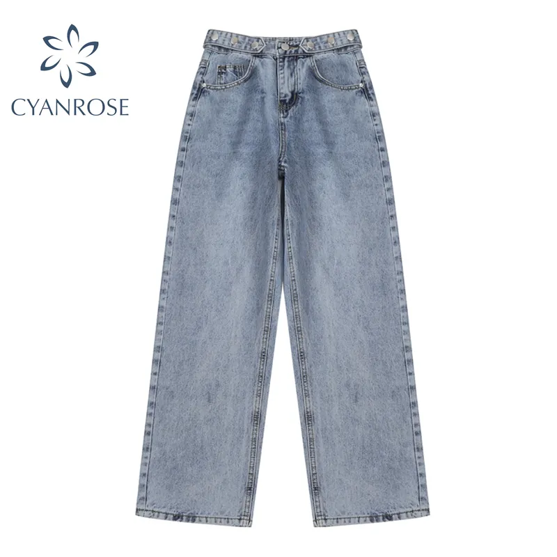 Lichtblauwe denimbroeken Vintage brede been jeans vrouwen Koreaanse rechte lange broek hoge taille casual los met riemveer 210417