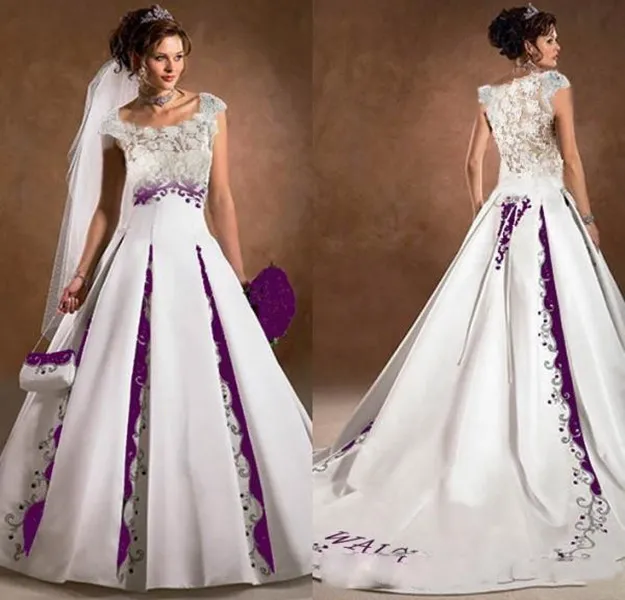 Vintage White Purple Wedding Dresses Satin Lace Embroidery Court Train Gothic country Capped Sleeves Scoop Bridal Wedding Gowns