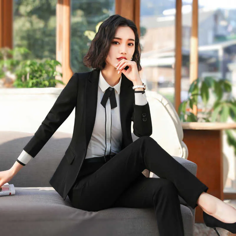S-4XL Plus Size Women's Professional Business Recept Desk Formell Wear Black Jacket Slim Brousers 2-Piece Set 210527
