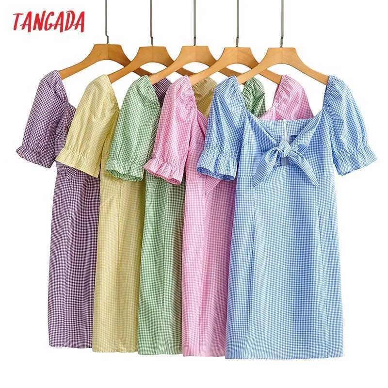 Tangada Summer Women Plaid Print French Style Sukienka Puff Krótki Rękaw Damski Mini Sukienka Vestidos Ja10 210609