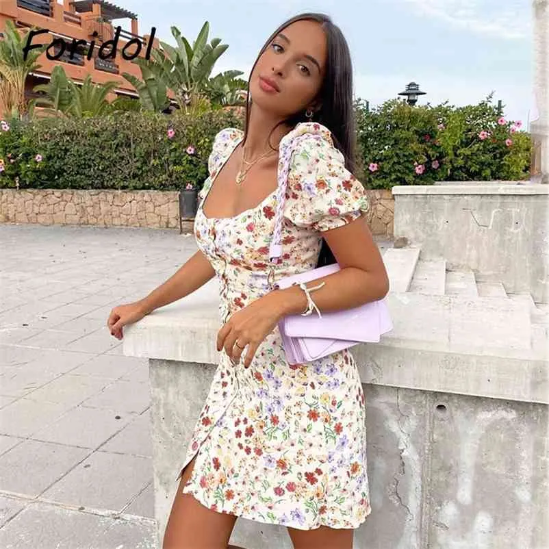 Foridol Floral Print Boho Summer Dress Women Puff Sleeve Vintage Beach Short Dress Button Up Ruched Cute Dress 210415