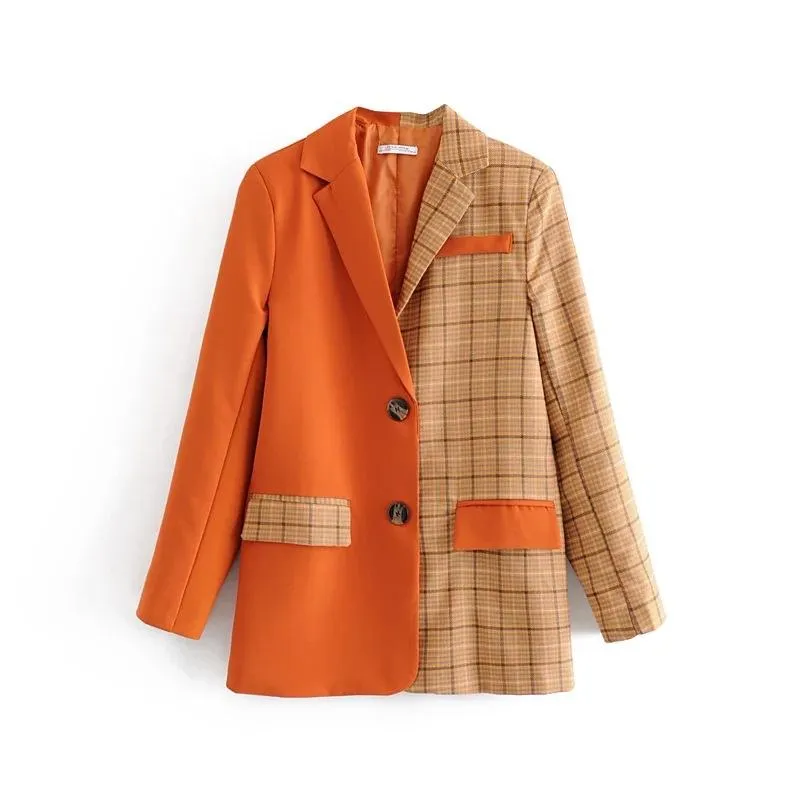 Costumes pour femmes Blazers 2021 Printemps Orange Couture Gangham Plaid Blazer Boyfriend Ami Style Femmes Contraste Couleur Costume Manteau Mode Femm