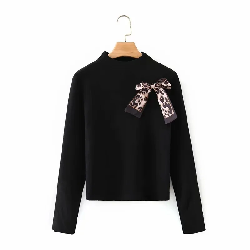 春の女性ヒョウプリントちょう結びの装飾編みセーターフェムムモックネック長袖プルオーバーカジュアルレディスリムトップスSW968 210430