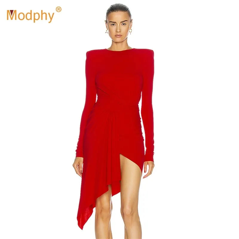 Primavera rosso elegante abito asimmetrico sexy scollo a V manica lunga drappeggiato da sera da donna party runway abiti 210527