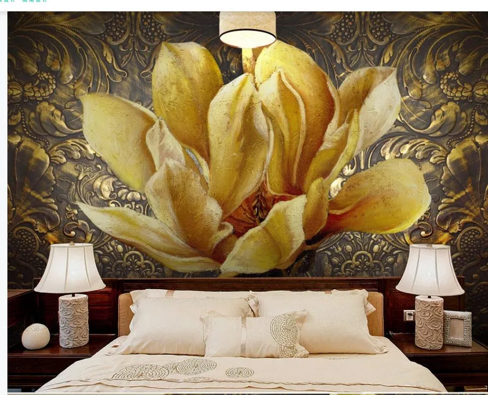 Pintura al óleo de metal flor en relieve en relieve flor en relieve 3D Estéreo TV Fondo pared moderno fondo de pantalla para sala de estar