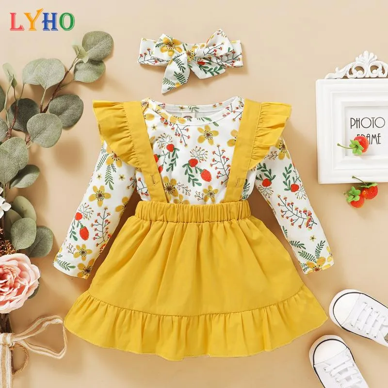Fancy Dress Skirt Sets Vår 2021 Långärmad Toddler Girls Outfits Kläder Grödor kläder för barnen passar baby susender