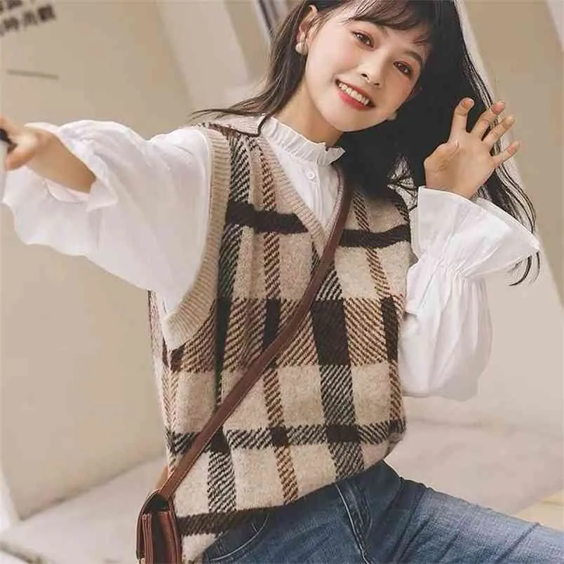 Gilet da donna in maglia primavera gilet esterno usura versione coreana sciolto plaid studente 210427