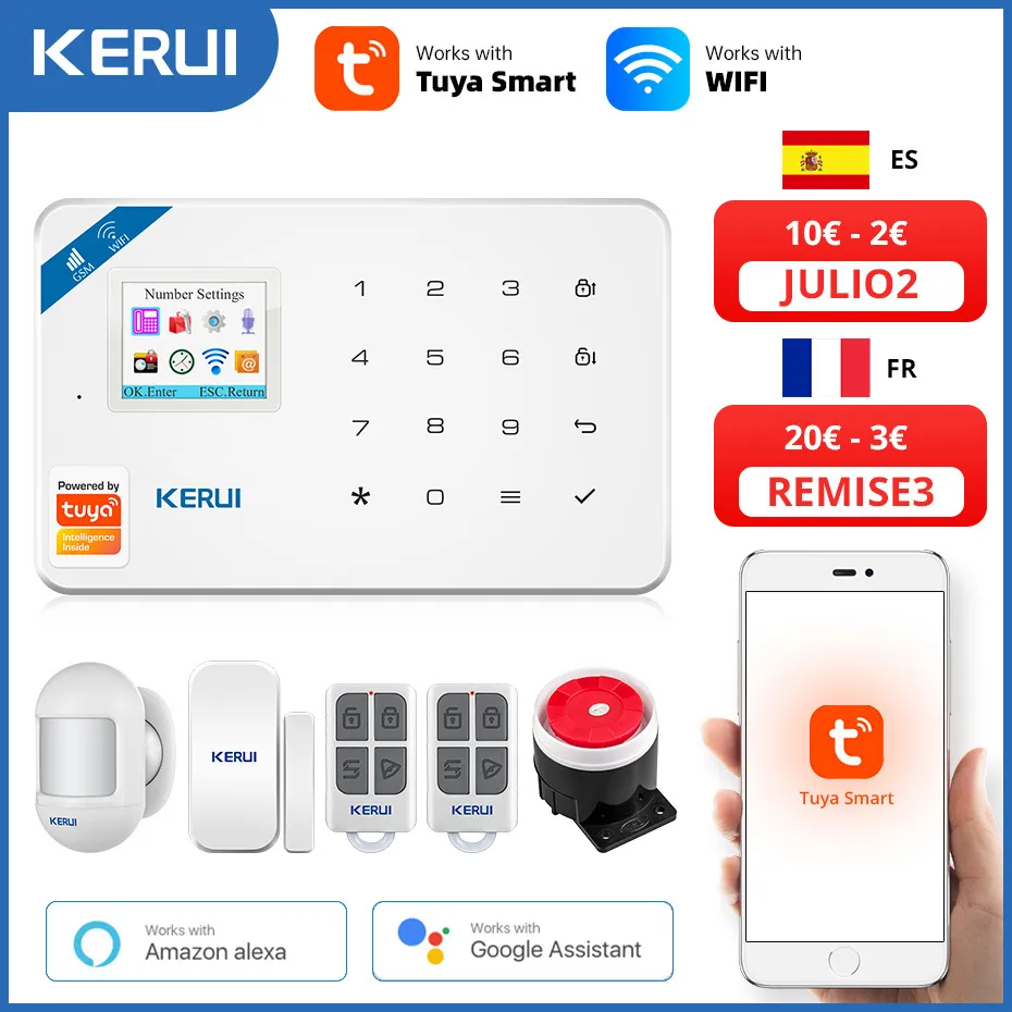 Kerui Tuya Smart WiFi GSM Säkerhetslarmsystem arbetar med Alexa Hem BURGLAR Motion Detektor Rökdörrfönster Sensor IP-kamera