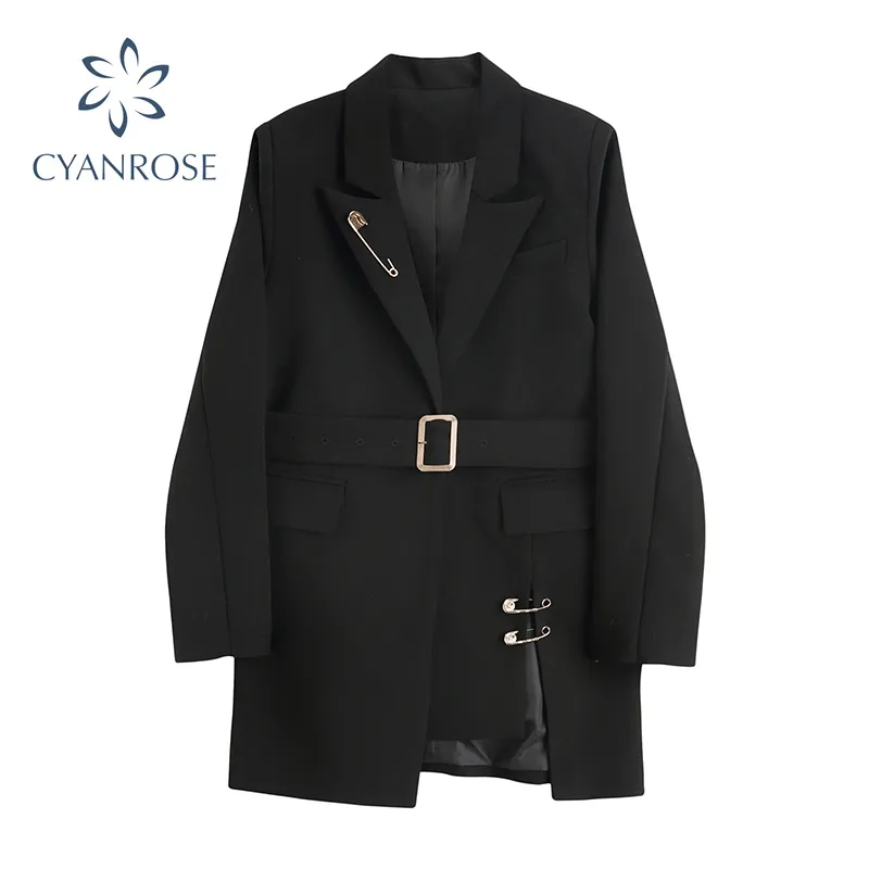 Blazer noir femmes mode vêtements d'extérieur longs printemps automne à manches longues décontracté poches lâches manteau irrégulier vêtements d'extérieur pour femmes hauts 210417