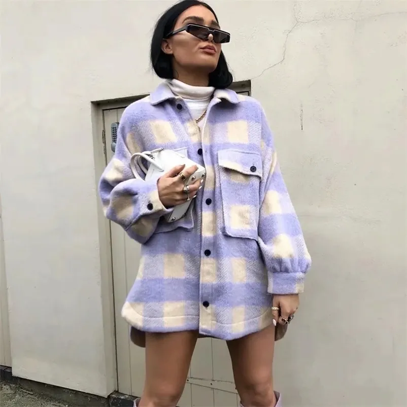 Moda Purple Plaid Woolen Jcket Kobiety Oversized Coat Gruby Długi Zima Dorywczo Top Koszula Outwear 210521