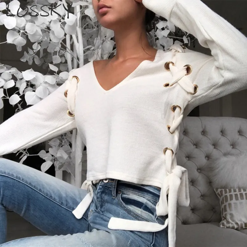 White Knitted belly tops with Criss Cross Bandage Bow Tie