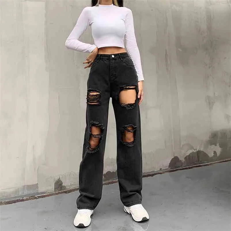 Cargo-Hosen Frauen Jeans Frau Hohe Taille Stretch Jeans Schwarz Zerrissene Gerade Bein Hosen Mom Freund Kausalen Baggy Hosen 210730