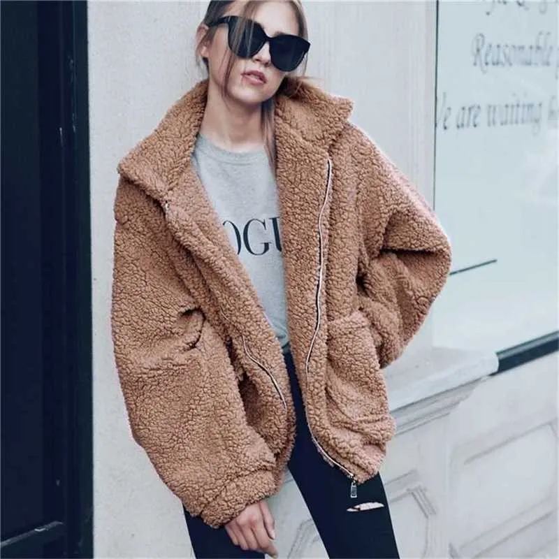 Elegancki Fur Coat Kobiety Jesień Zima Gruba Ciepła Miękka Kurtka Polarowa Kieszonkowa Zipper Płaszcz Niedźwiedź Teddy 3XL 211129