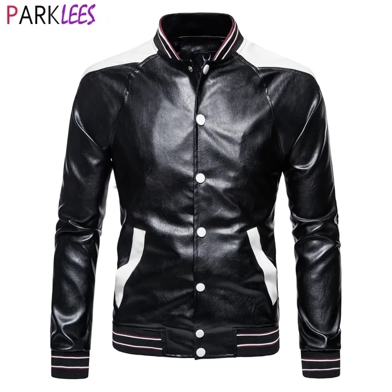 Fashion Patchwork Pu Leather Jacket Men Bomber Baseball Faux Leather Jacket Boy Slim Fit Casual College Leather Jacket Male 5XL 210522