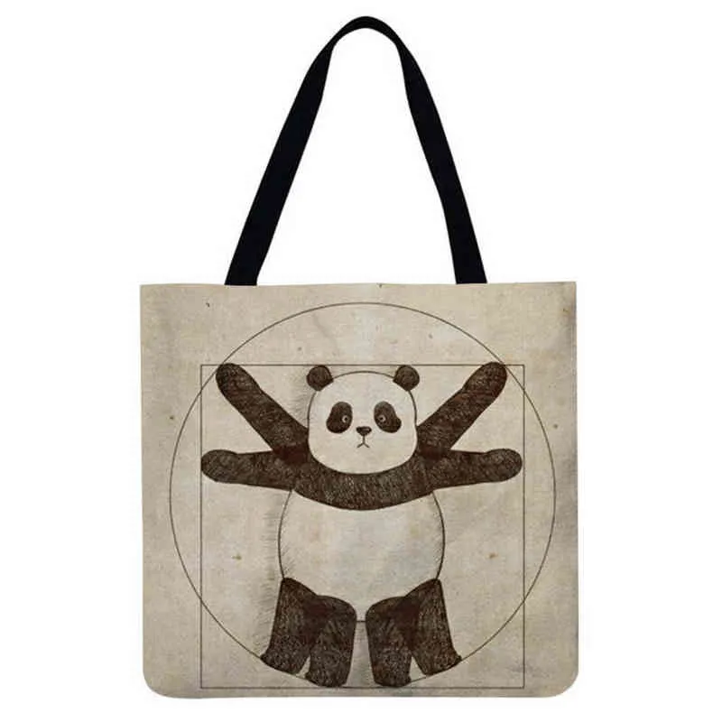 Nxy Shopping Bags Bolso De Mano Artstico Con Estampado Gato y Panda Para Mujer Bolsa Compras Viaje Gran Capacidad Lona Lino Playa 0209