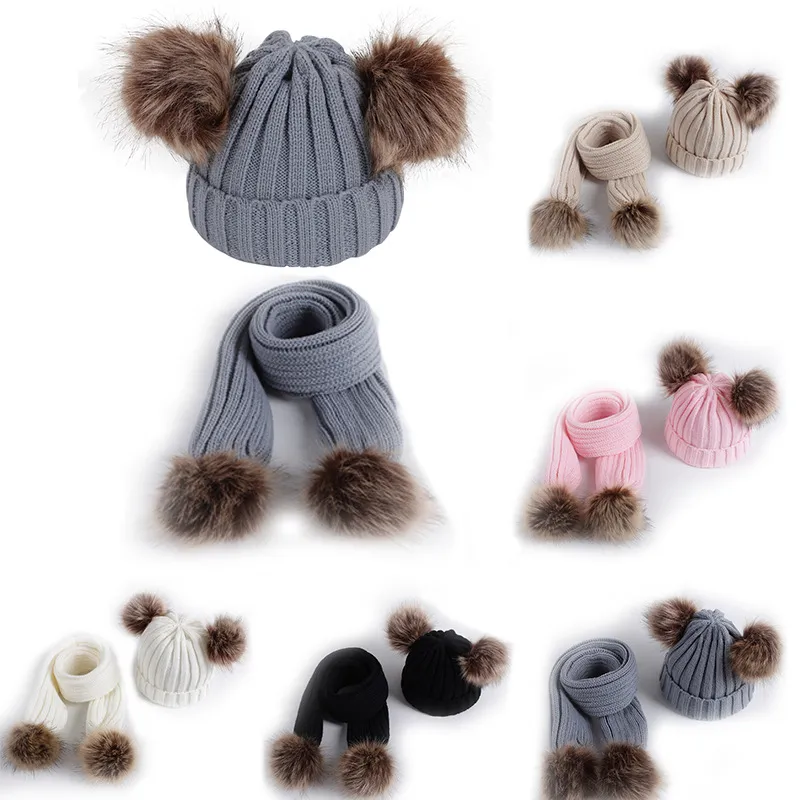 Filles Garçons Mignon Hiver Enfants Chapeaux Écharpe Porte Garder Au Chaud Textile Enfants Tricot Double Boule Chapeau Crochet Cap Foulards Ensemble Doux Confortable Baby Shower Gift JY0823