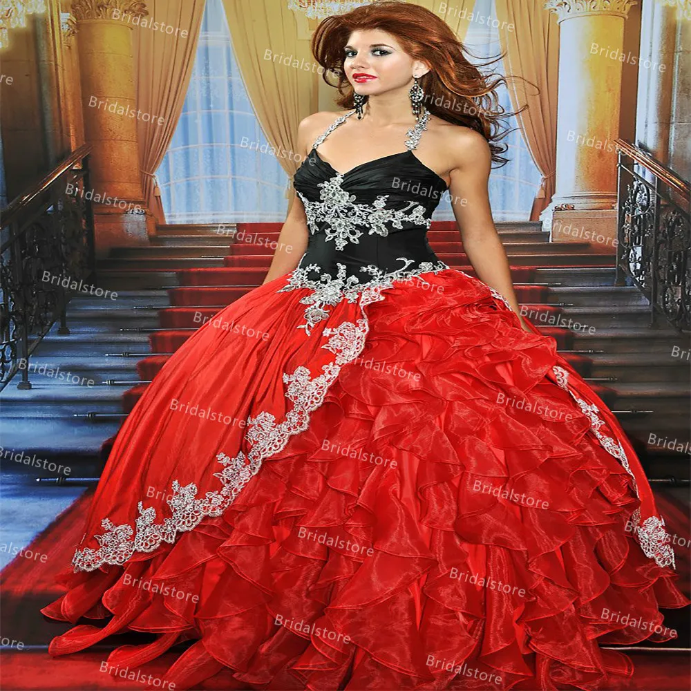 Vintage schwarze und rote Quinceanera-Kleider 2021, Neckholder, Organza, Rüschen, Maskerade, Abschlussball, Party-Kleider, Gothic-Robe de Mari￩e, süßes 16-Kleid, Vestidos 15 A￱os