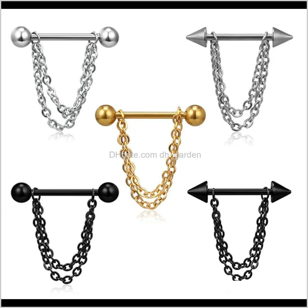 1pair stainless steel nipple breast rings 14g nail barbell gold silver black steel chain pendant body piercing jewelry