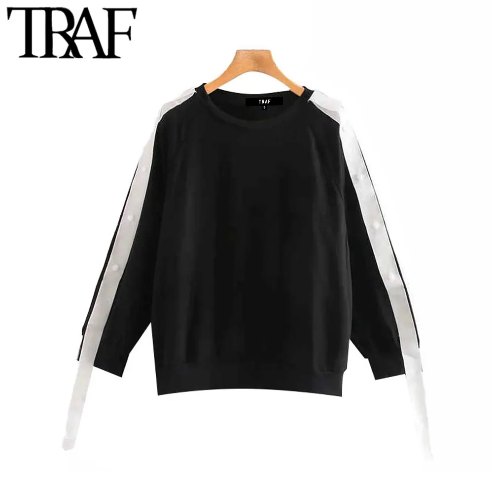 TRAF Women Vintage Stylish Ribbon Patchwork Loose Sweatshirt Fashion O Neck Buttoned Long Sleeve Female Pullovers Chic Tops 210415
