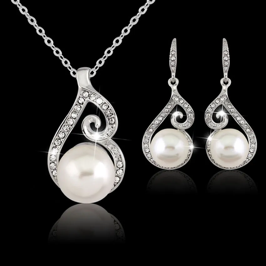 Kvinnor Crystal Pearl Pendant Halsband Örhängen Smycken Set 925 Silver Chain Halsband Smycken