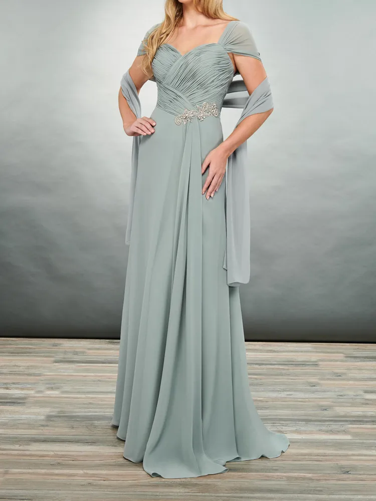 Dark Platinum Mother of the Bride Dresses with Wrap Chiffon Wedding Party Dress with Beads