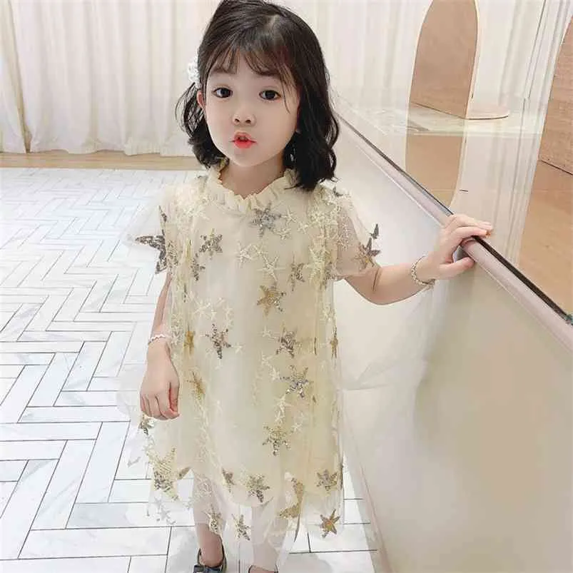 Yaz Kız 'Elbise Yıldız Sequins Şal Prenses Doğum Günü Partisi Sevimli çocuk Bebek Çocuk Kız Giyim 210625