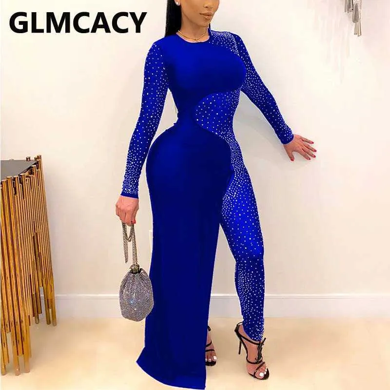 Women Diamond Embellished Mesh Jumpsuit Irregular Sexy Night Club Party Overalls Jumpsuits 210702