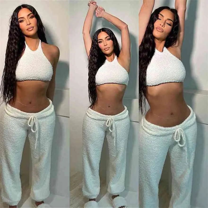 Dames pluche fleece outfits massieve witte donzige backless sport beha crop tops en hoge taille trekkoord losse broek kleding set 2 -delige tracksuits pyjama's h923t795