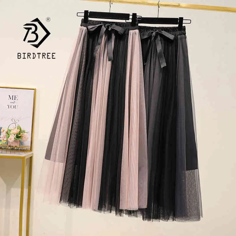 Plus Size Summer Women's Mesh Cake Mid-Length Skirt With Bow Elegant Loose A-line High Waist Long Patchwork Tulle Skirts B13227X 210416