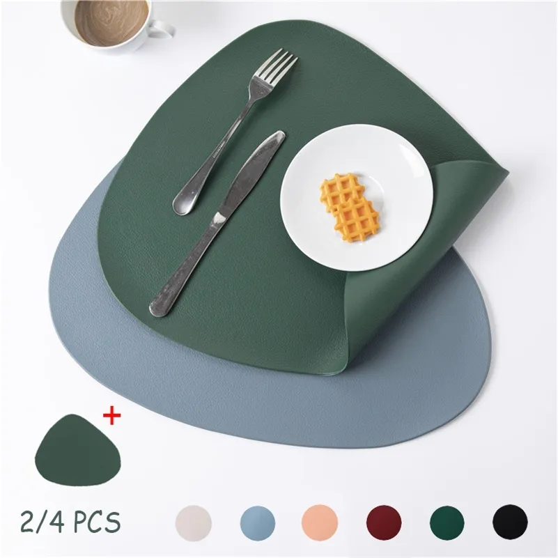 2/4 pcs PU Placemats för bordsplattor Pad Vattentät Ej glidande Läder Placering Mat Set Modernt kök Coaster Cup Vinmatta Grön 210706