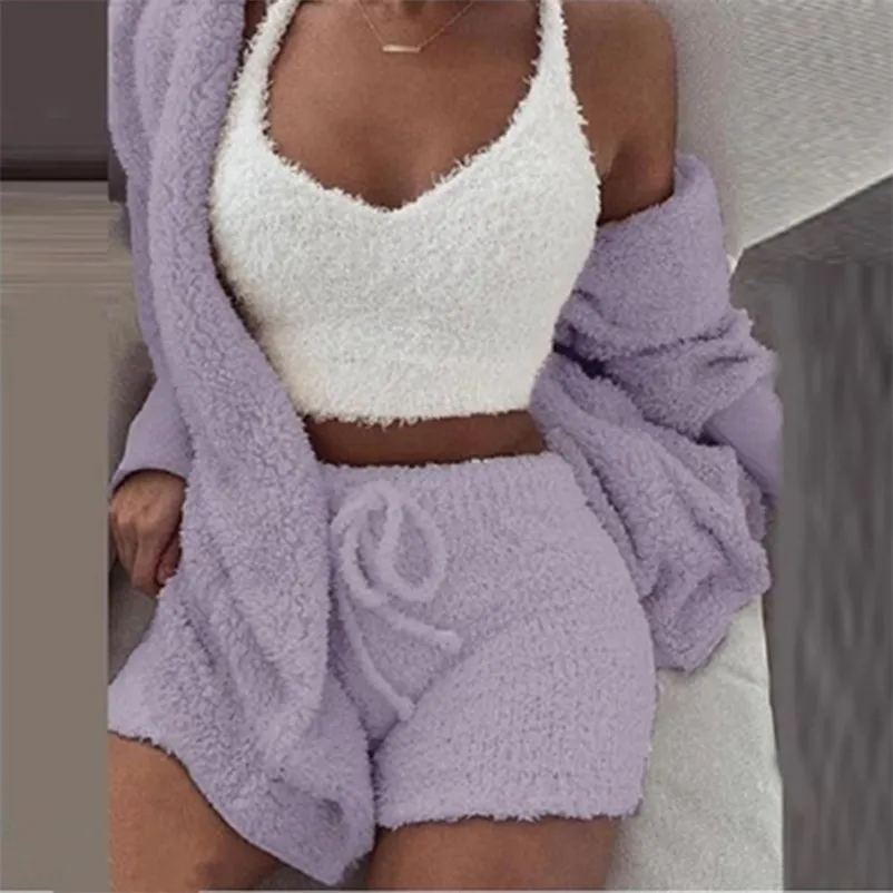 Vinter Tracksuits Womens 3 Peices Set Leisure Outfits Cotton Oversized T-shirts High Waist Shorts Candy Color Clothing 210514