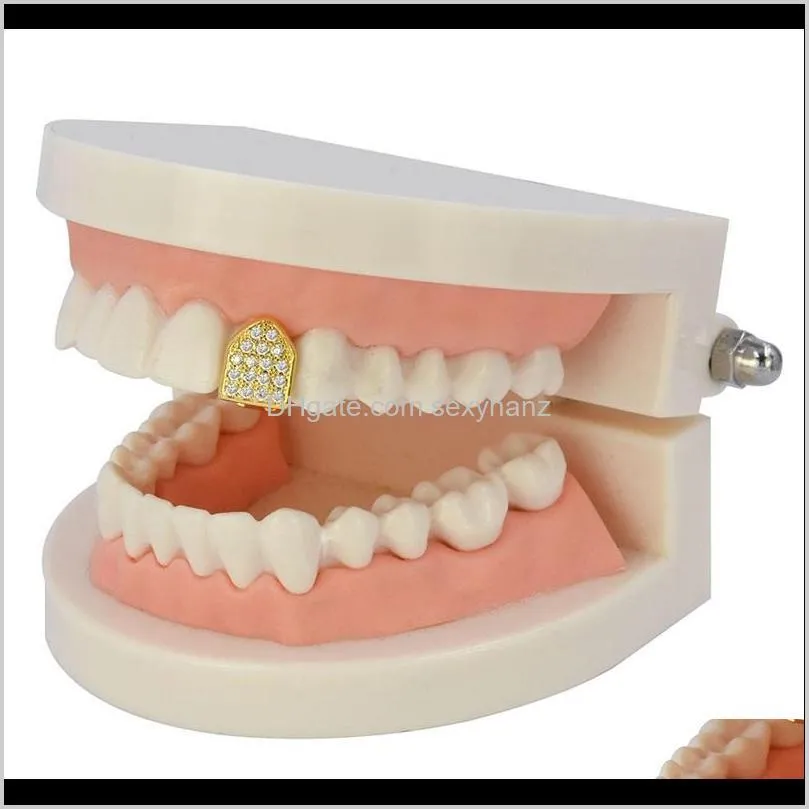 iced out zircon gold teeth grillz micro pave top and bottom grills single tooth caps vampire tooth jewelry 173 r2