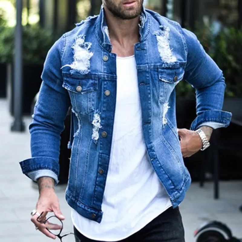 New Denim Jacket Men Streetwear Denim Coats Men Vintage Grey Bomber Jacket  Outwear Mens Casual Cotton Stand Collar Denim size L Color as shown