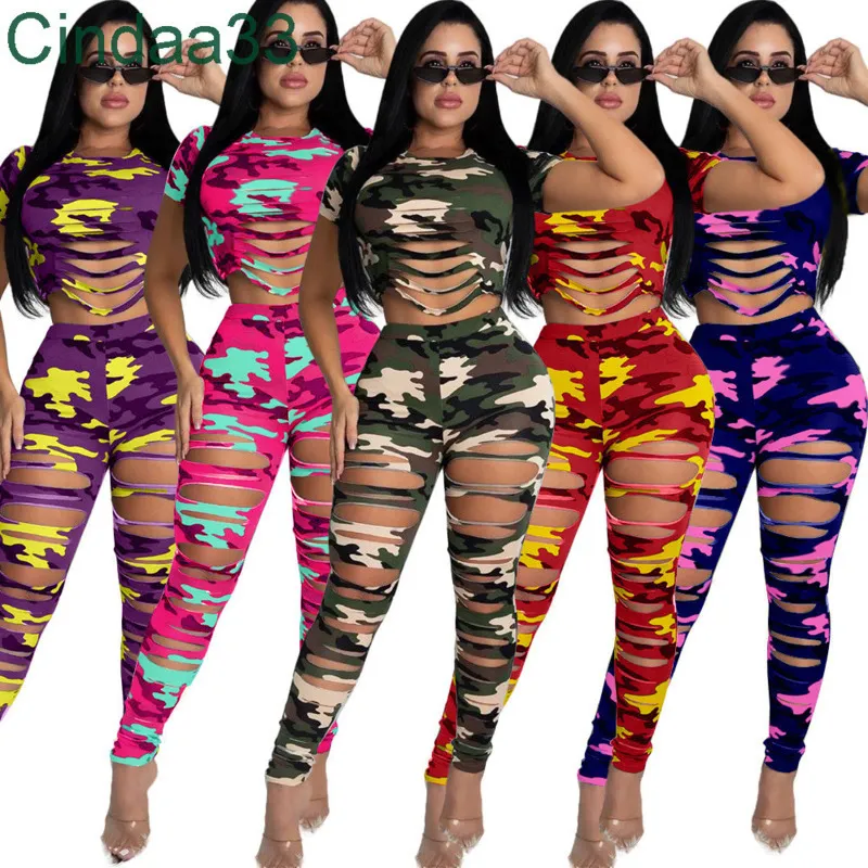 Women Tracksuits Two Pieces Set Designer Slim Sexy Hole Camouflage Printed Leisure Sports Suit Ladies Outfits 5 Colours