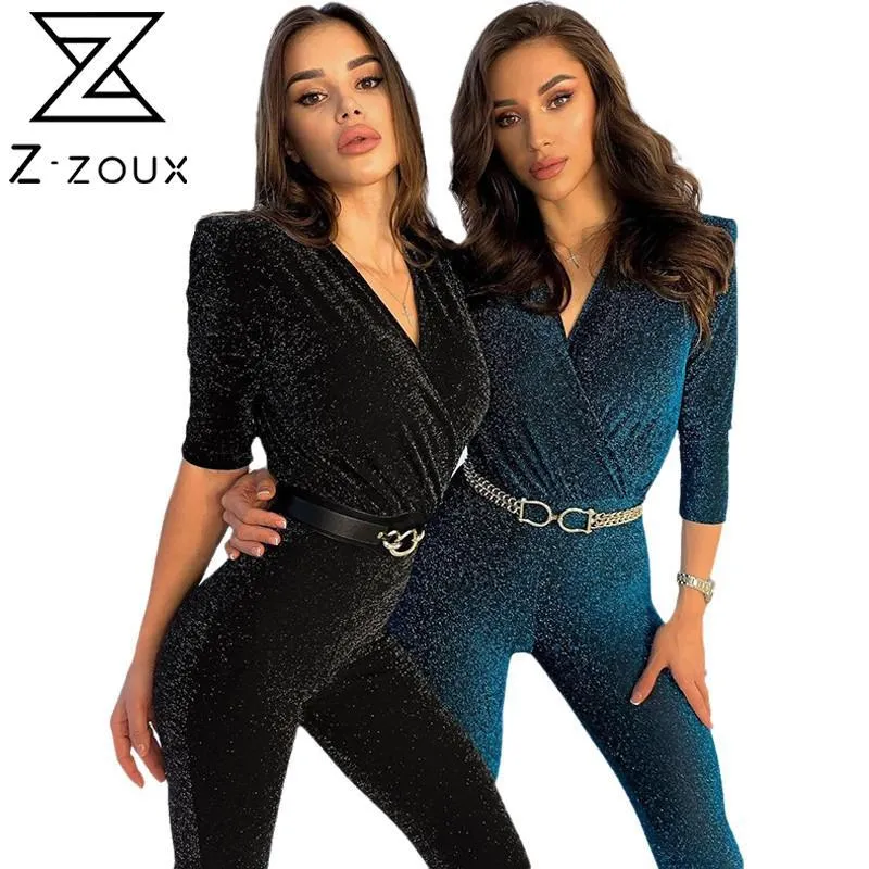 Women Jumpsuit V Neck Long Sleeve Shoulder Pad Wrap Chest Bright Silk Sexy Rompers Womens Spring 210524