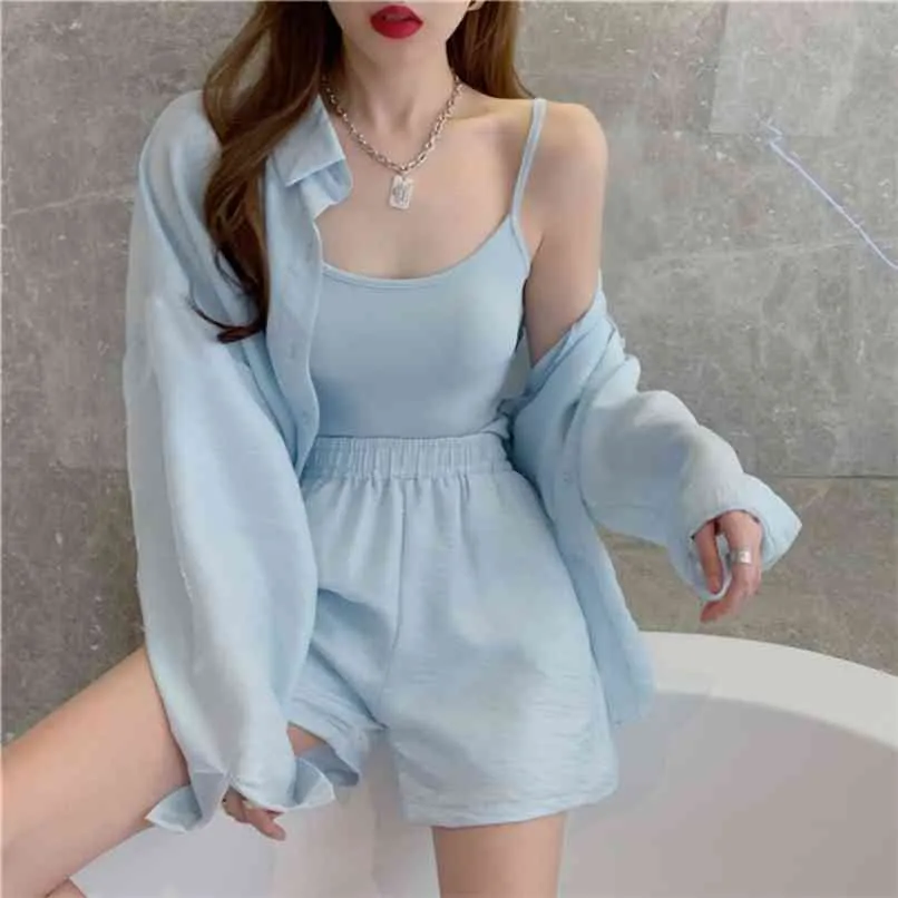 Women Shorts Set Summer Blouse Tracksuit Long Sleeve Shirt Tops Loose Suit 3 Piece Office Lady Blue Pink 210529