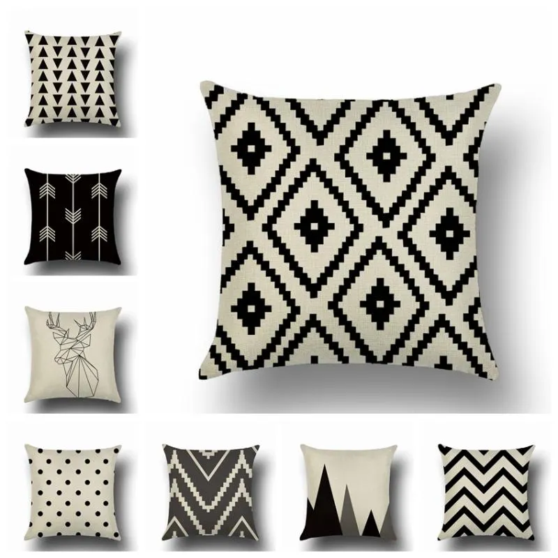 Pillow Case Black And White Pattern Pillowcase Cotton Linen Printed 18x18 Inches Geometry Euro Covers 45x45cm Cushion/Decorative