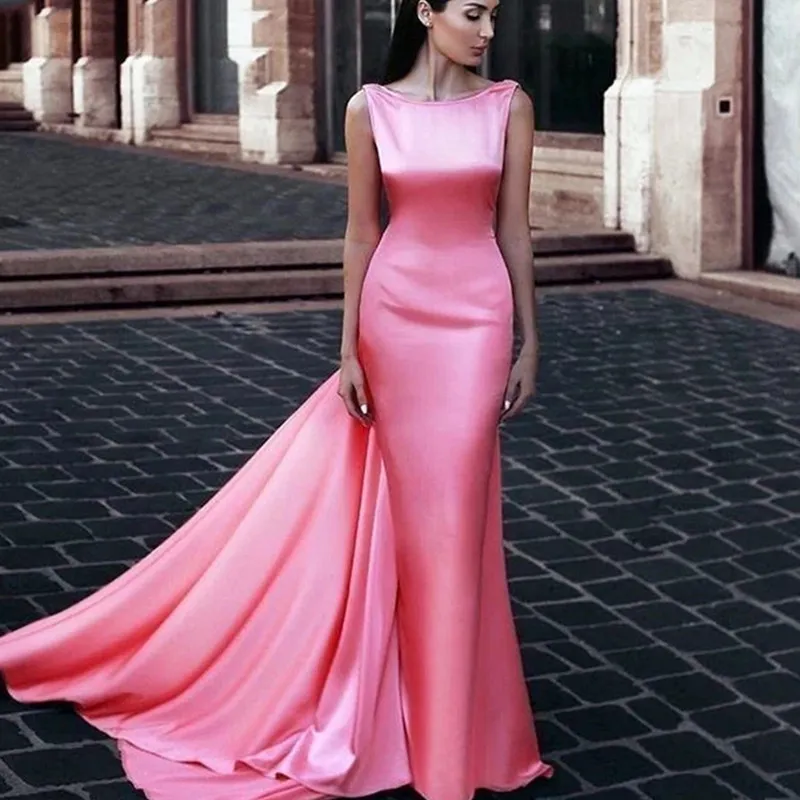 Mermaid Ladies Formal Pink Evening Dress Scoop Backless Middle East Wrap Watermelon