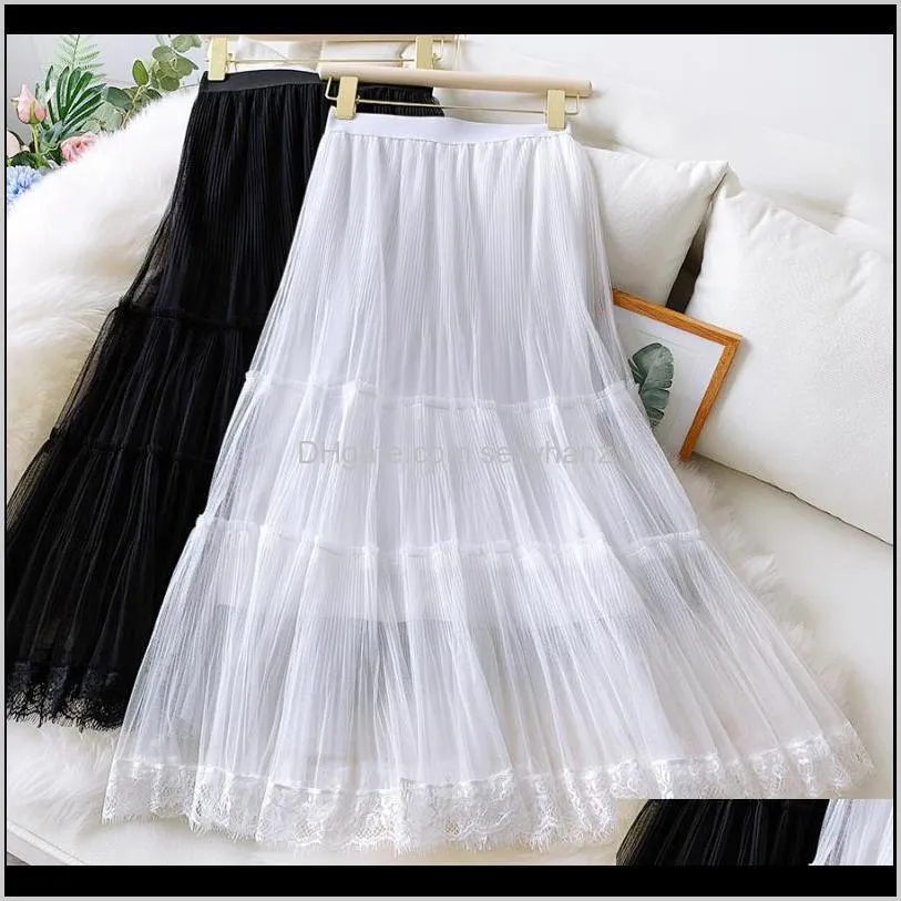 lace veil women skirt 2020 new spring summer mid-length pleated skirt slim a-line big swing fishtail faldas saias1