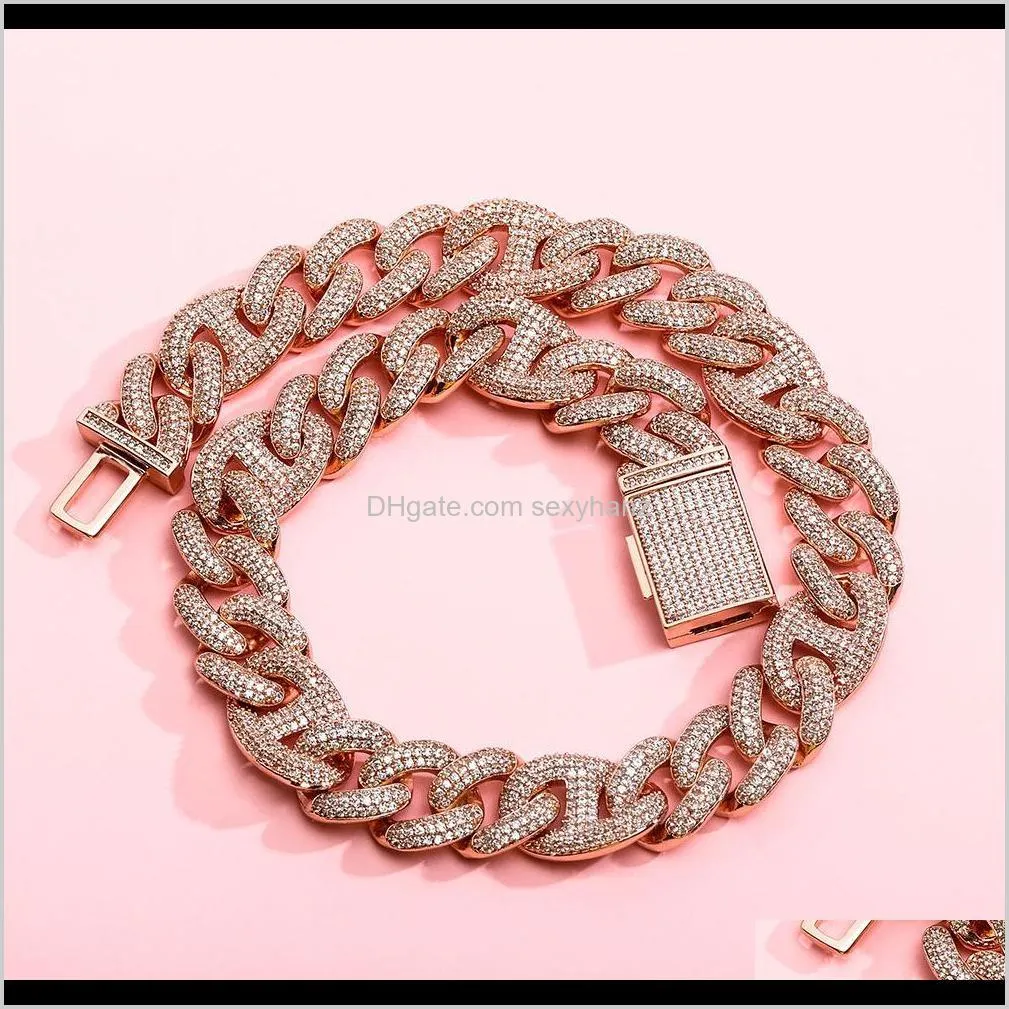 high quality 14mm wide  link chains for hip hop men and women rose gold with full diamond necklace