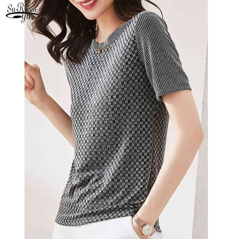 Summer Shirt Women O Neck Slim Wild Knitted Blouse for Short Sleeve Gold and Silver Ladies Tops Clothes 9444 50 210508