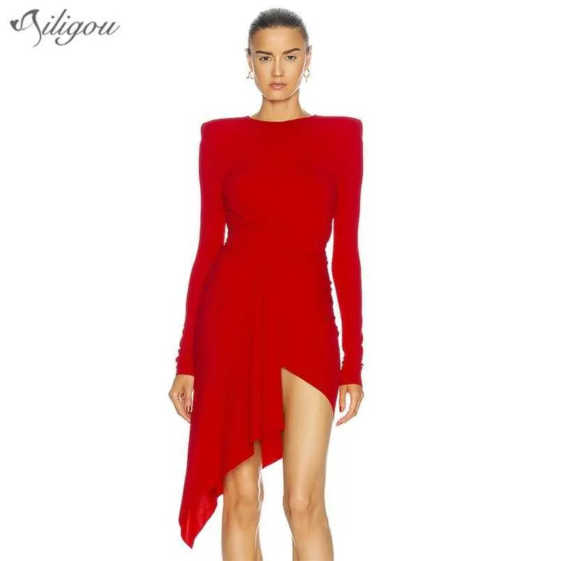 여성 섹시한 V 넥 디자이너 긴 소매 면화 붉은 불규칙한 우아한 드레스 숙녀 유명인 파티 Vestido 210525