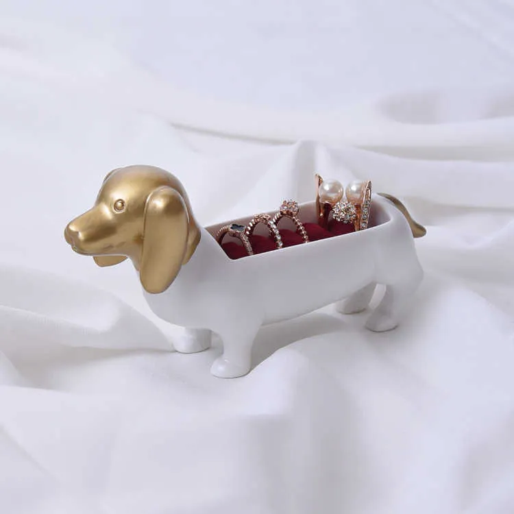 クリエイティブダックスフント犬リングジュエリーボックス収納ラックゴールドディスプレイ小物装飾品かわいい犬210804