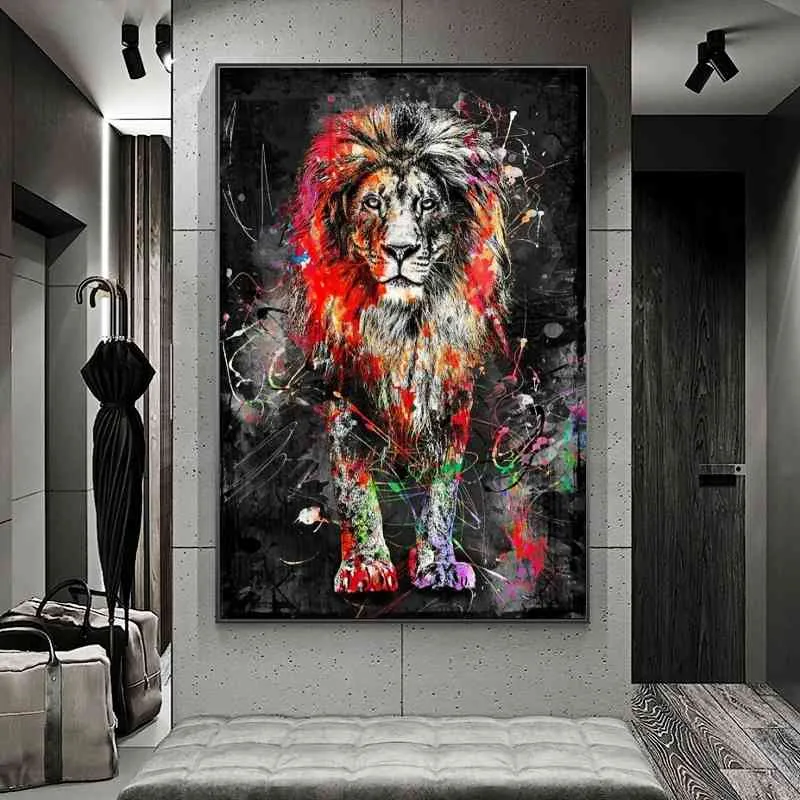 抽象的なライオンズ油絵のキャンバスのモダンなカラフルな動物ポスターと版画のための版画のための装飾的な写真